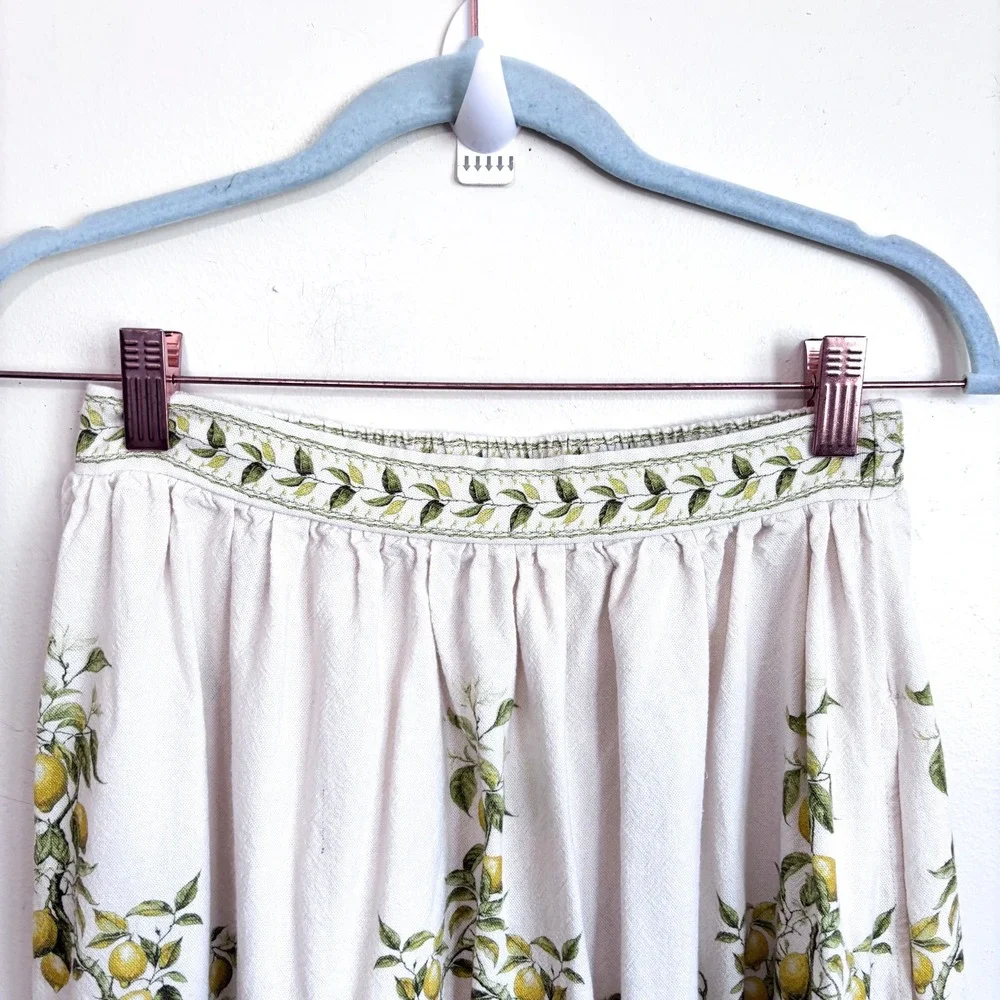 Max Studio Lemon Fruit Linen Midi‎ Skirt XS Euro Summer Coastal Cottage Pockets